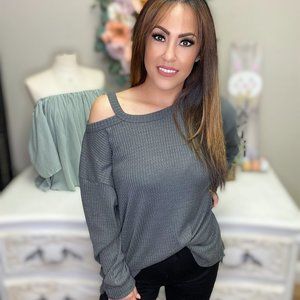 LAST ONE - NEW Long Sleeve Thermal Off Shoulder Top in Charcoal